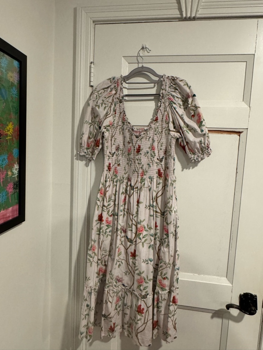 Hill House Cream Midi Dress with Pink & Green Floral Print